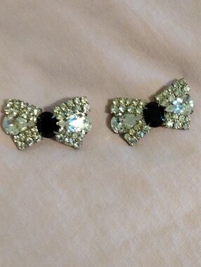 Rhinestone Bow Stud Earrings with Black Centers